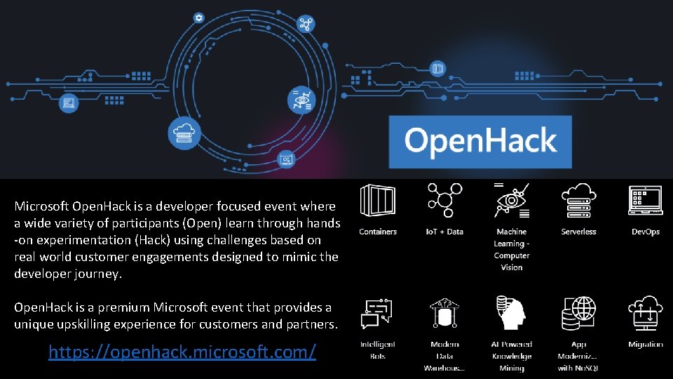 Microsoft Open. Hack is a developer focused event where a wide variety of participants