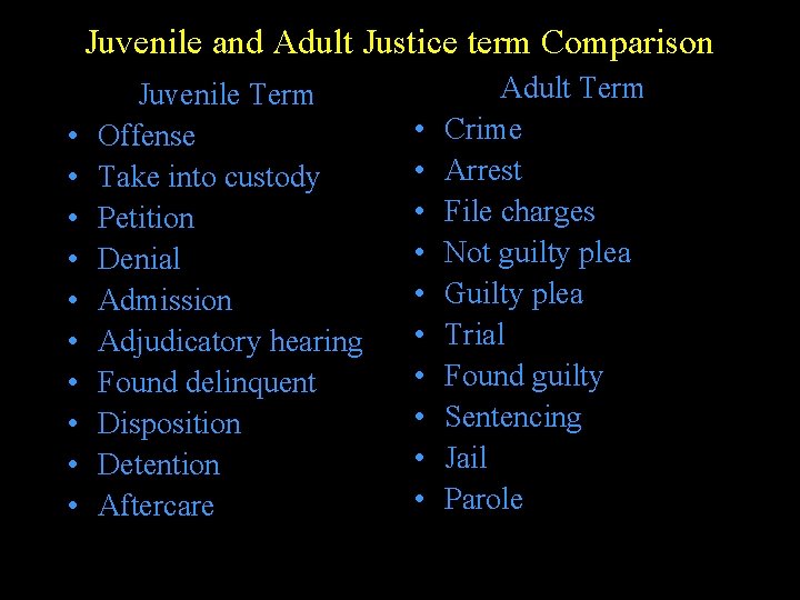 Juvenile and Adult Justice term Comparison • • • Juvenile Term Offense Take into