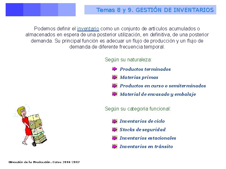 Temas 8 y 9. GESTIÓN DE INVENTARIOS Podemos definir el inventario como un conjunto