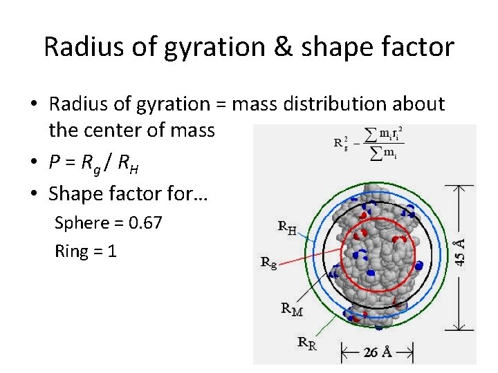 Radius of gyration & shape factor • Radius of gyration = mass distribution about