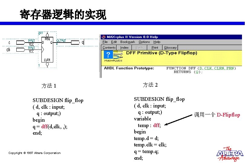 寄存器逻辑的实现 方法 1 SUBDESIGN flip_flop ( d, clk : input; q : output; ) 寄存器逻辑的实现 方法 1 SUBDESIGN flip_flop ( d, clk : input; q : output; )