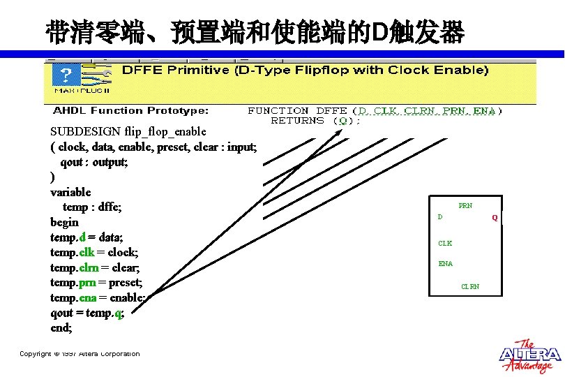 带清零端、预置端和使能端的D触发器 SUBDESIGN flip_flop_enable (( clock, data, enable, preset, clear : : input; qout : 带清零端、预置端和使能端的D触发器 SUBDESIGN flip_flop_enable (( clock, data, enable, preset, clear : : input; qout :