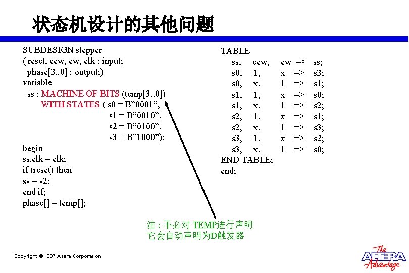 状态机设计的其他问题 SUBDESIGN stepper ( reset, ccw, clk : input; phase[3. . 0] : output;