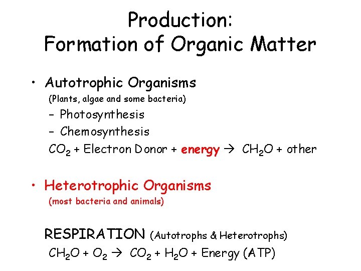 Production: Formation of Organic Matter • Autotrophic Organisms (Plants, algae and some bacteria) –