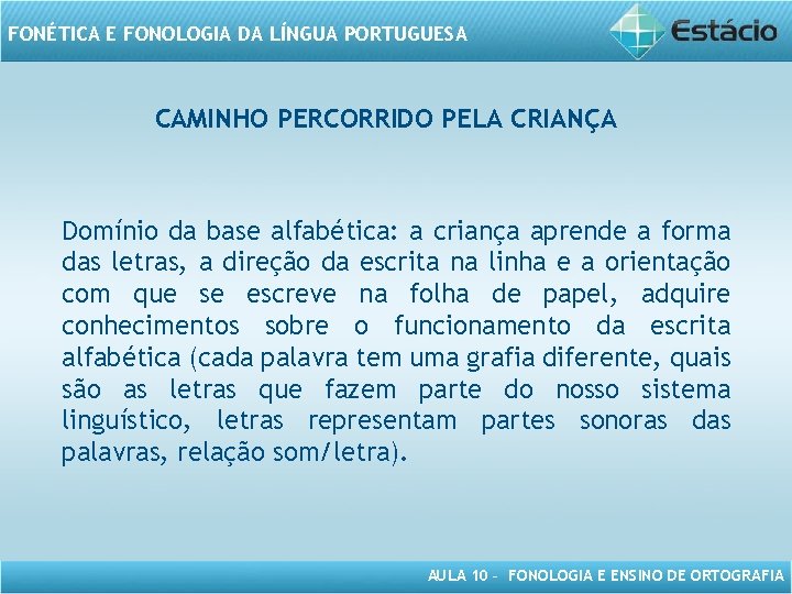 FONÉTICA E FONOLOGIA DA LÍNGUA PORTUGUESA CAMINHO PERCORRIDO PELA CRIANÇA Domínio da base alfabética: