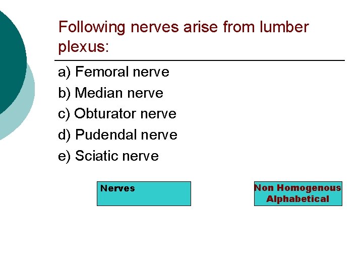 Following nerves arise from lumber plexus: a) Femoral nerve b) Median nerve c) Obturator