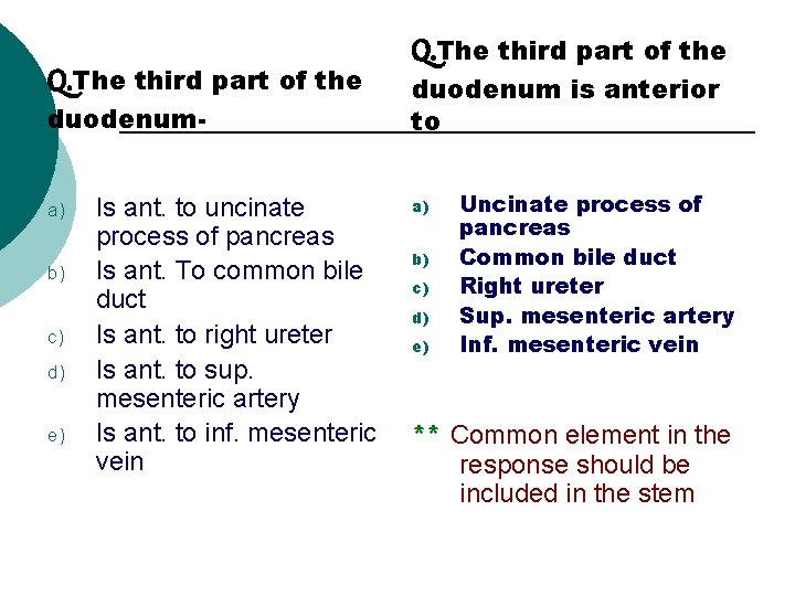 Q. The third part of the duodenuma) b) c) d) e) Is ant. to