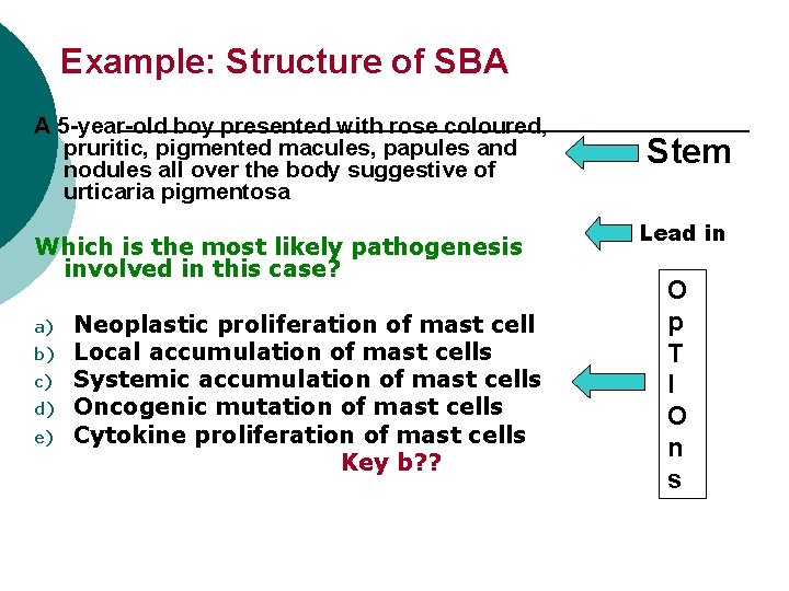 Example: Structure of SBA A 5 -year-old boy presented with rose coloured, pruritic, pigmented