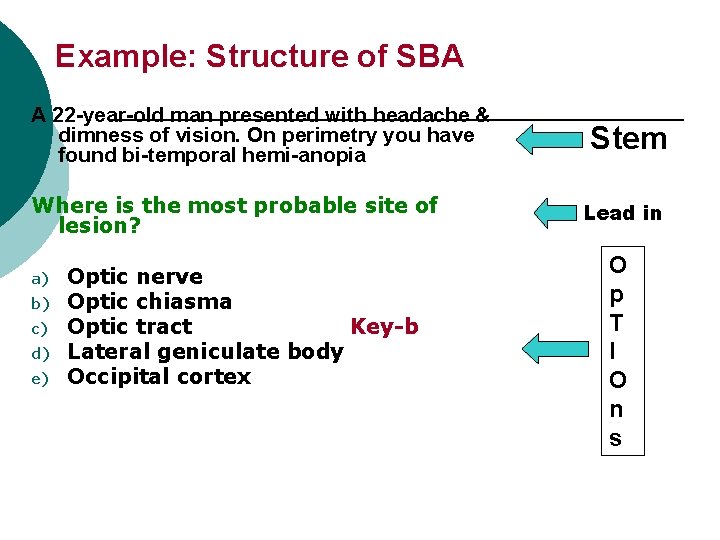 Example: Structure of SBA A 22 -year-old man presented with headache & dimness of