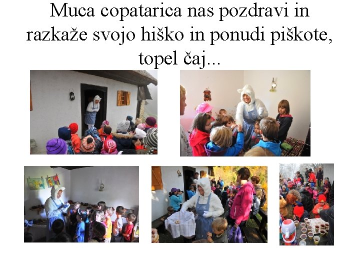 Muca copatarica nas pozdravi in razkaže svojo hiško in ponudi piškote, topel čaj. .