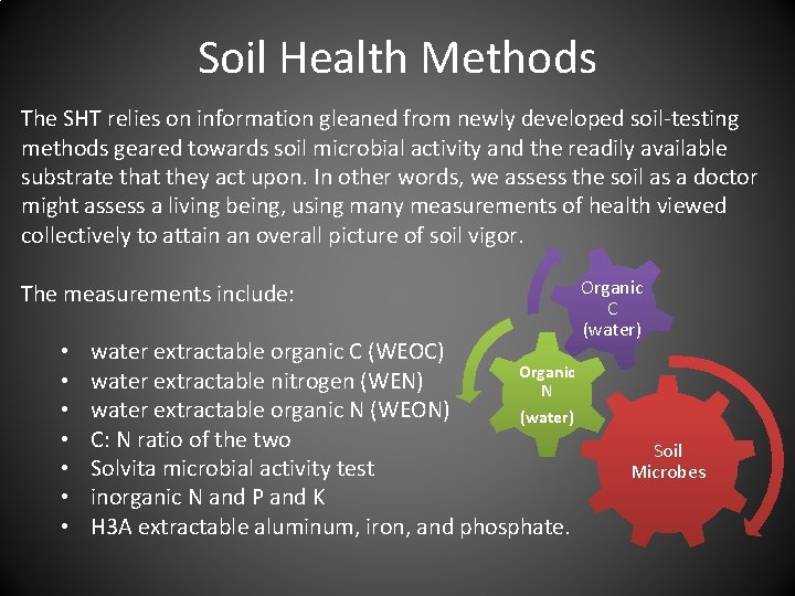 Soil Health Methods The SHT relies on information gleaned from newly developed soil-testing methods