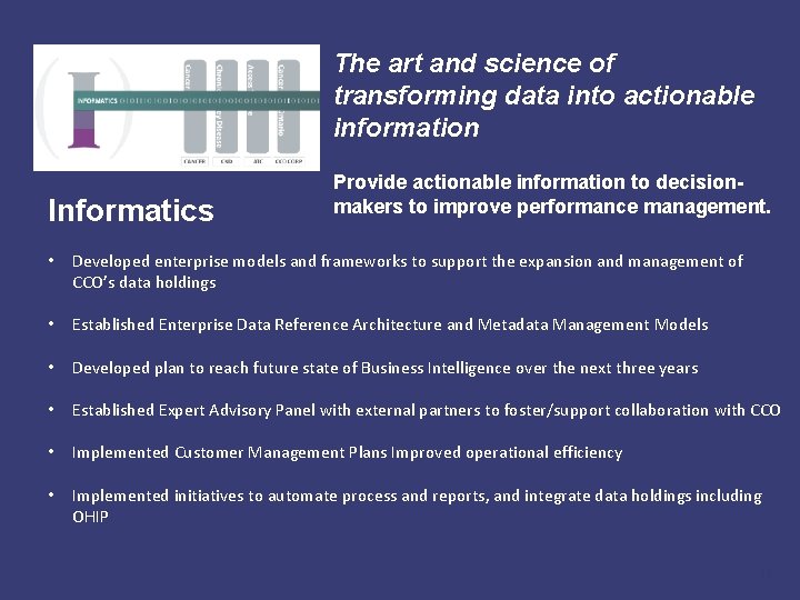 The art and science of transforming data into actionable information Informatics Provide actionable information