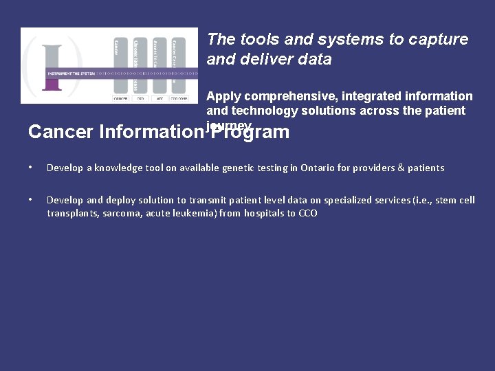 The tools and systems to capture and deliver data Apply comprehensive, integrated information and