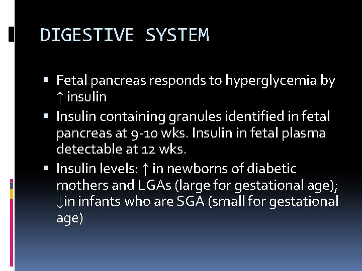 DIGESTIVE SYSTEM Fetal pancreas responds to hyperglycemia by ↑ insulin Insulin containing granules identified DIGESTIVE SYSTEM Fetal pancreas responds to hyperglycemia by ↑ insulin Insulin containing granules identified