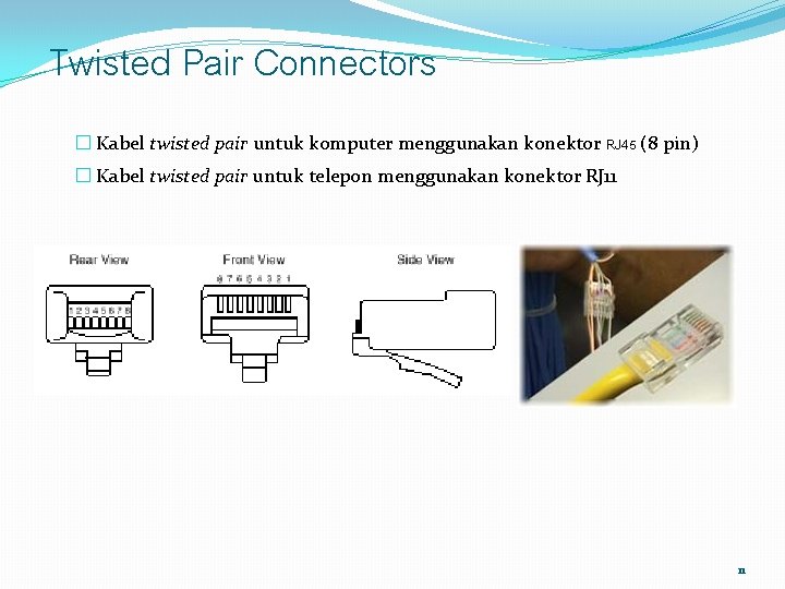 Twisted Pair Connectors � Kabel twisted pair untuk komputer menggunakan konektor RJ 45 (8