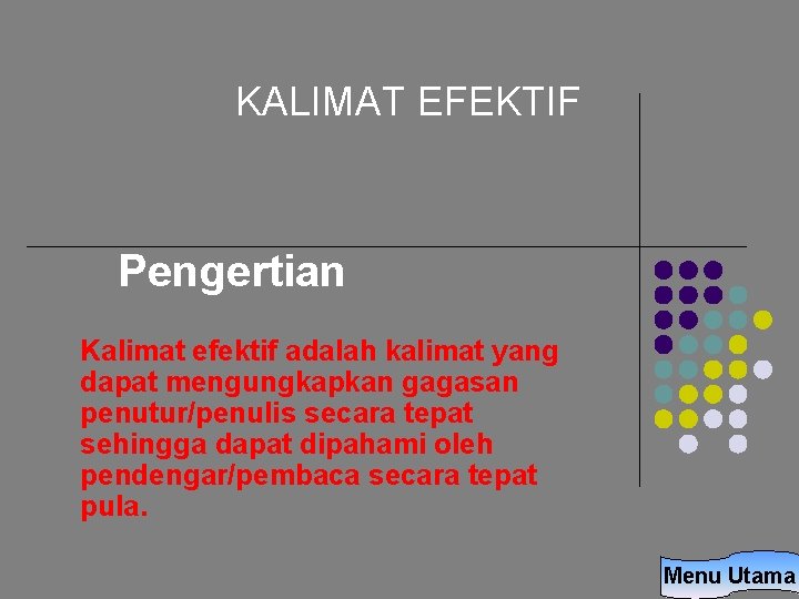 KALIMAT EFEKTIF Pengertian Kalimat efektif adalah kalimat yang dapat mengungkapkan gagasan penutur/penulis secara tepat