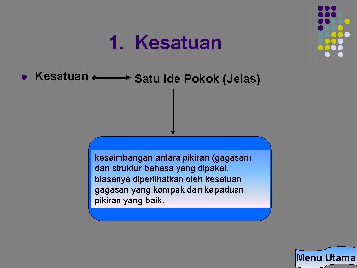 1. Kesatuan l Kesatuan Satu Ide Pokok (Jelas) keseimbangan antara pikiran (gagasan) dan struktur