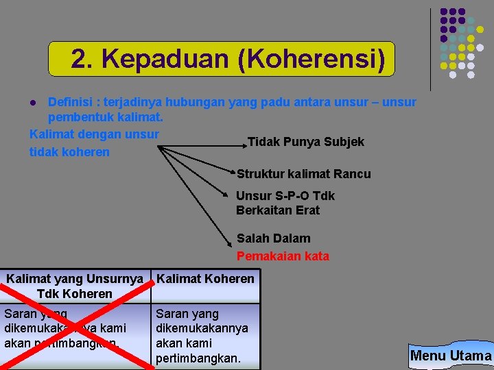 2. Kepaduan (Koherensi) Definisi : terjadinya hubungan yang padu antara unsur – unsur pembentuk