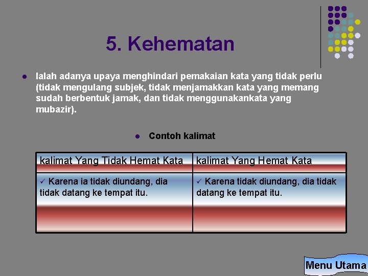 5. Kehematan l Ialah adanya upaya menghindari pemakaian kata yang tidak perlu (tidak mengulang