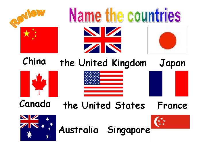 China the United Kingdom Japan Canada the United States France Australia Singapore 