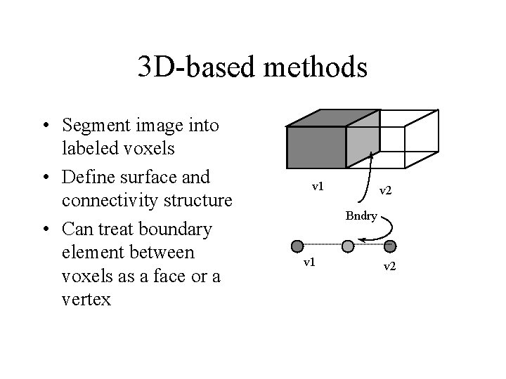 3 D-based methods • Segment image into labeled voxels • Define surface and connectivity