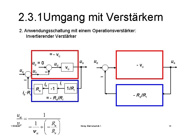 2. 3. 1 Umgang mit Verstärkern 2. Anwendungsschaltung mit einem Operationsverstärker: Invertierender Verstärker =