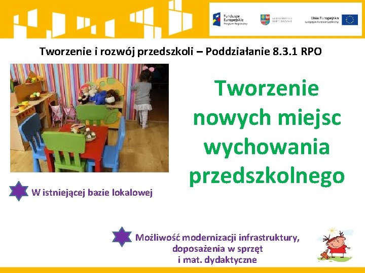 Tworzenie i rozwój przedszkoli – Poddziałanie 8. 3. 1 RPO W istniejącej bazie lokalowej