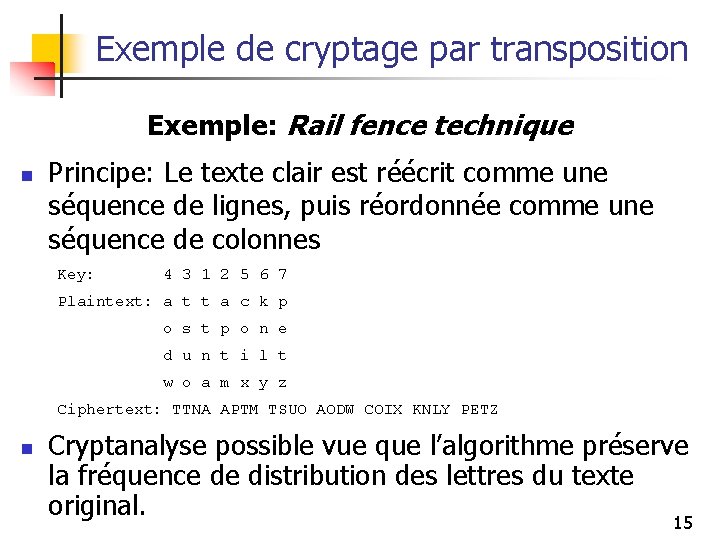Exemple de cryptage par transposition Exemple: Rail fence technique n Principe: Le texte clair