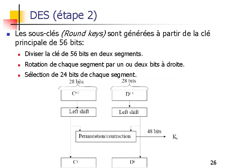 DES (étape 2) n Les sous-clés (Round keys) sont générées à partir de la