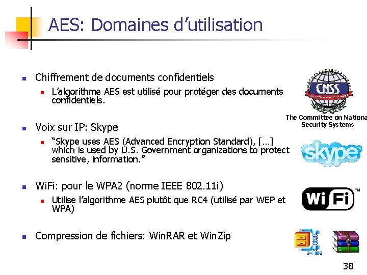 AES: Domaines d’utilisation n Chiffrement de documents confidentiels n n Voix sur IP: Skype