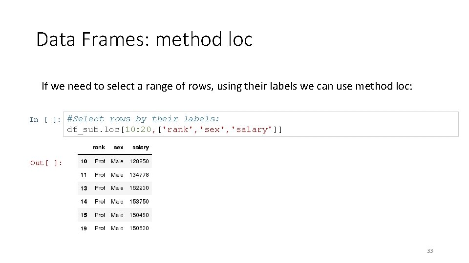 Data Frames: method loc If we need to select a range of rows, using