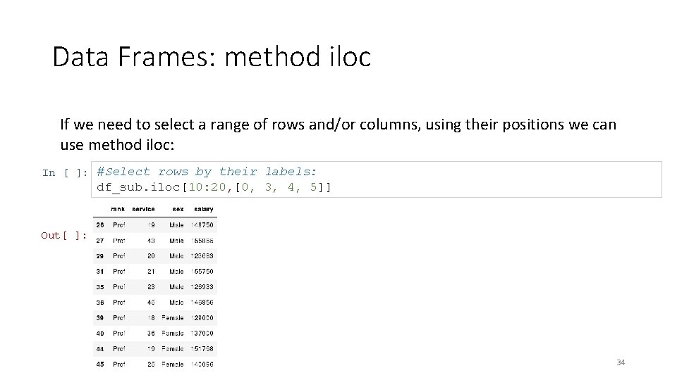 Data Frames: method iloc If we need to select a range of rows and/or