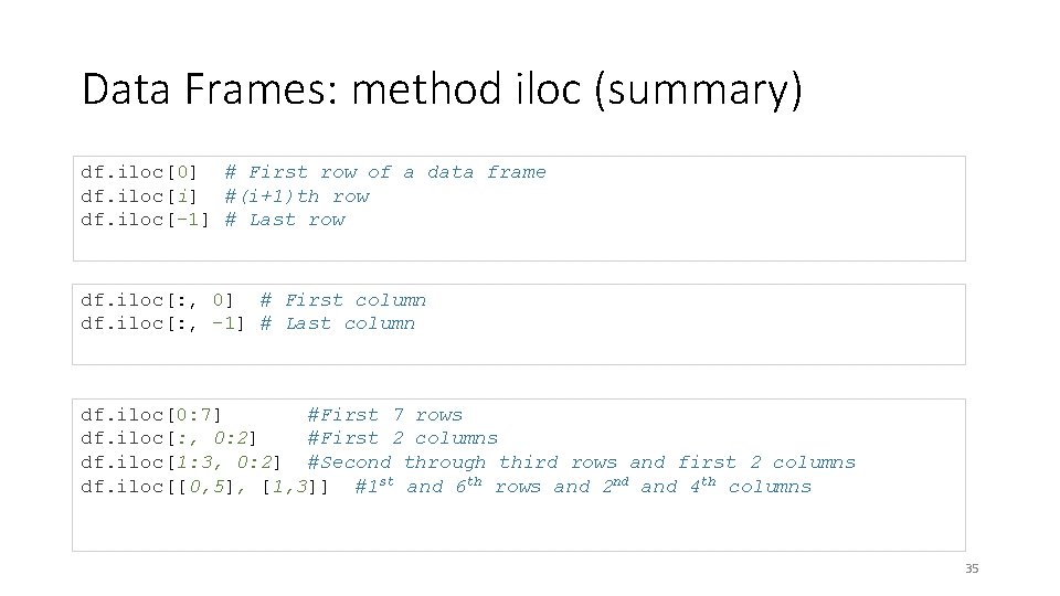 Data Frames: method iloc (summary) df. iloc[0] # First row of a data frame
