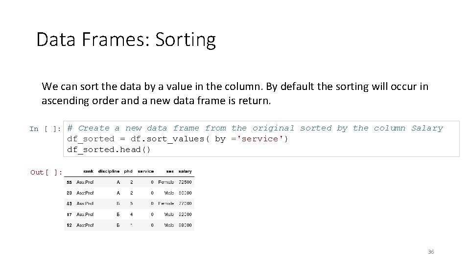 Data Frames: Sorting We can sort the data by a value in the column.