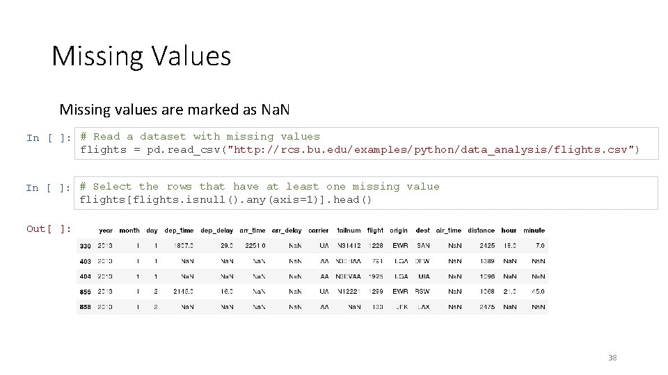 Missing Values Missing values are marked as Na. N In [ ]: # Read
