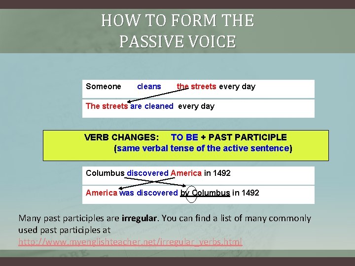 HOW TO FORM THE PASSIVE VOICE Someone cleans the streets every day The streets