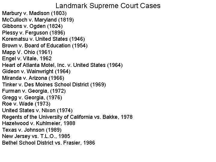 Landmark Supreme Court Cases Marbury v. Madison (1803) Mc. Culloch v. Maryland (1819) Gibbons