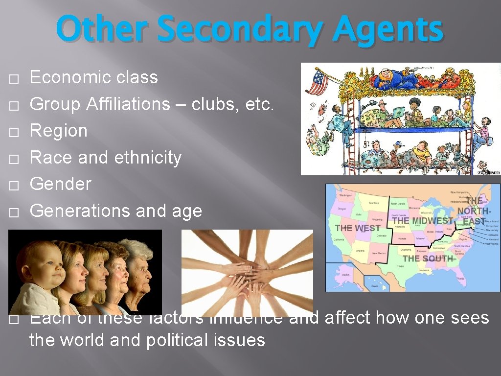 Other Secondary Agents � � � � Economic class Group Affiliations – clubs, etc.