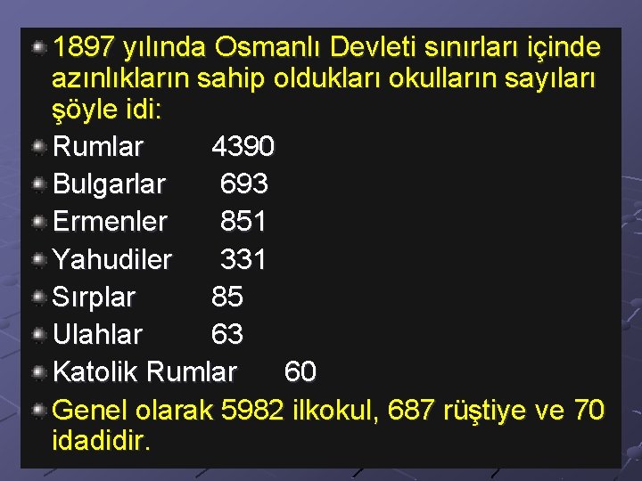 1897 yılında Osmanlı Devleti sınırları içinde azınlıkların sahip oldukları okulların sayıları şöyle idi: Rumlar