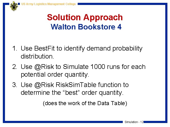 US Army Logistics Management College Solution Approach Walton Bookstore 4 1. Use Best. Fit