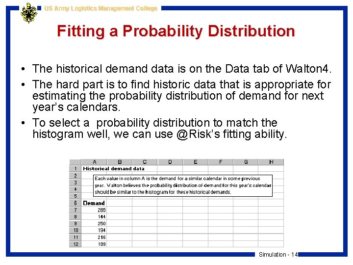 US Army Logistics Management College Fitting a Probability Distribution • The historical demand data