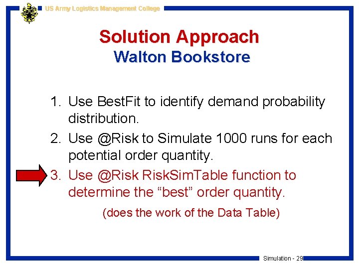 US Army Logistics Management College Solution Approach Walton Bookstore 1. Use Best. Fit to
