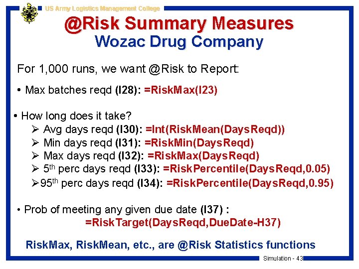 US Army Logistics Management College @Risk Summary Measures Wozac Drug Company For 1, 000