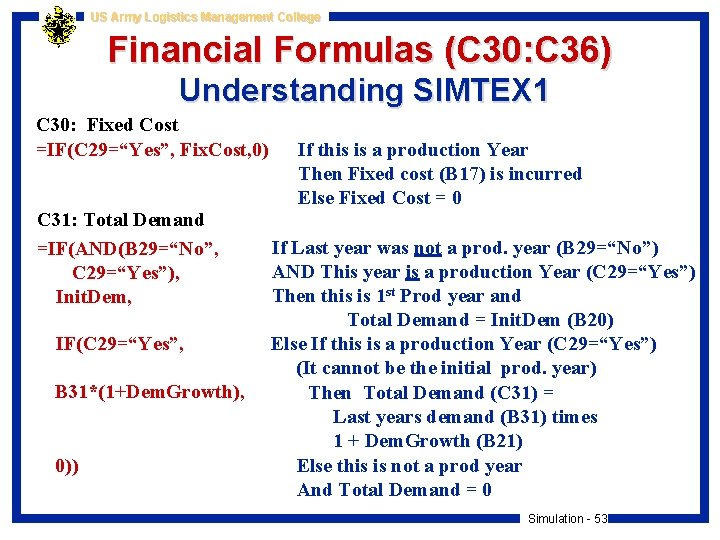 US Army Logistics Management College Financial Formulas (C 30: C 36) Understanding SIMTEX 1