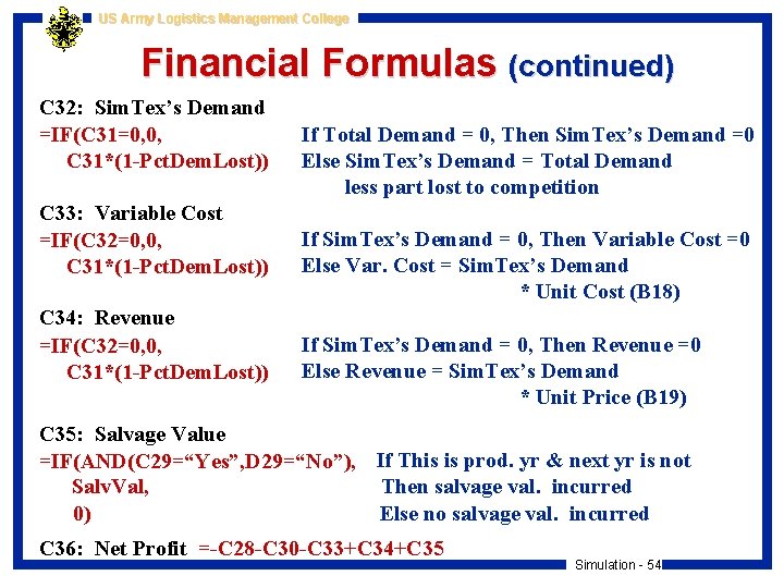 US Army Logistics Management College Financial Formulas (continued) C 32: Sim. Tex’s Demand =IF(C