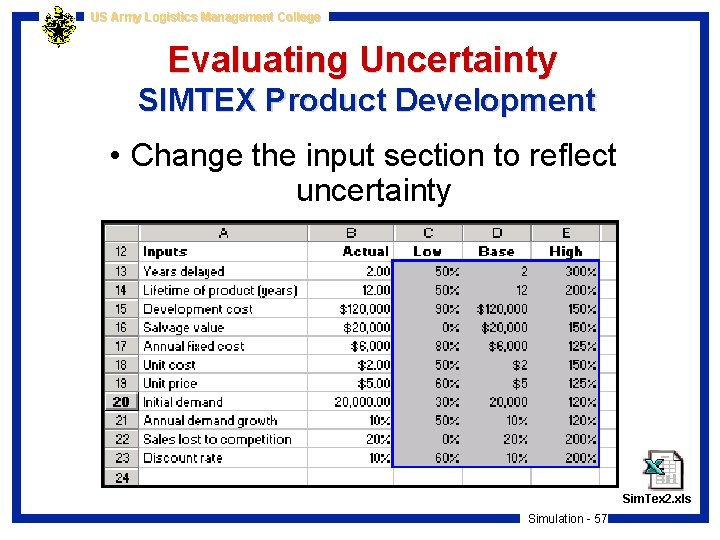 US Army Logistics Management College Evaluating Uncertainty SIMTEX Product Development • Change the input