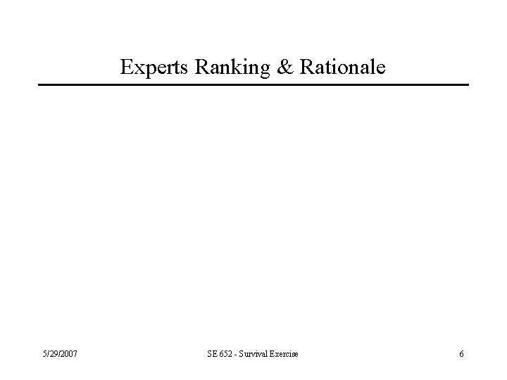 Experts Ranking & Rationale 5/29/2007 SE 652 - Survival Exercise 6 