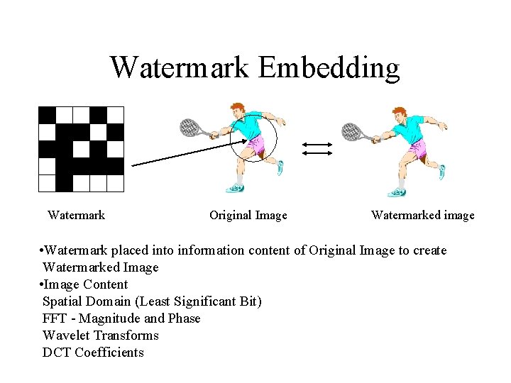 Watermark Embedding Watermark Original Image Watermarked image • Watermark placed into information content of