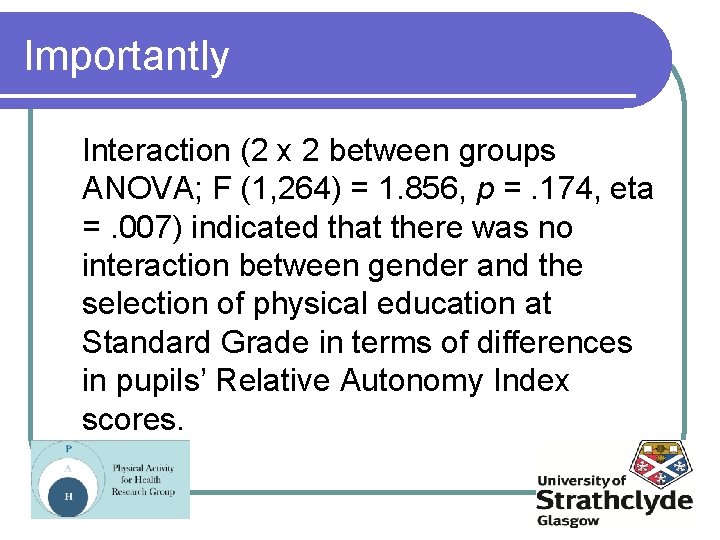 Importantly Interaction (2 x 2 between groups ANOVA; F (1, 264) = 1. 856,
