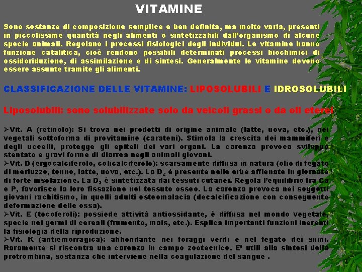 VITAMINE Sono sostanze di composizione semplice e ben definita, ma molto varia, presenti in